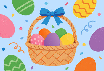 colorful easter eggs in woven basket on light blue background with festive confetti