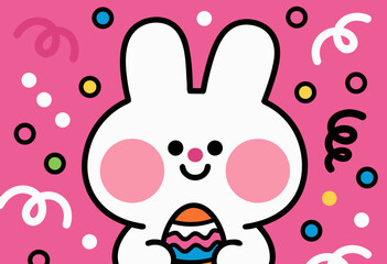 Obraz premium cute white rabbit with colorful easter egg on pink background with confetti