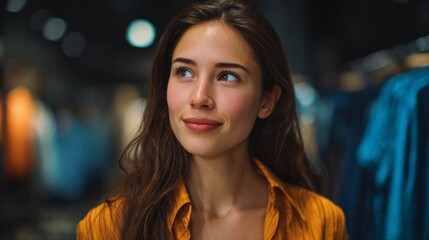 A young woman gazing thoughtfully while shopping in a clothing store