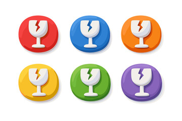 Set of six colorful fragile glass icons with a white background