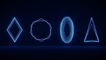 Four abstract geometric frames made of glowing blue particles digital illustration isolated on transparent background