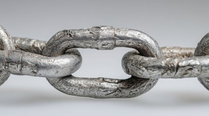 Fototapeta premium Macro close up of heavy steel chain links with visible texture and wear, neutral gray background, industrial strength concept, ultra sharp focus