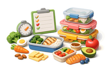 Healthy meal prep with colorful lunch boxes and fresh ingredients for balanced nutrition