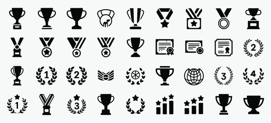 Winning vector icons, featuring trophies, medals, awards, ribbons, and stars, clean vector illustrations for success, victory, competitions, sports events, and achievement graphics © Vector Gallery