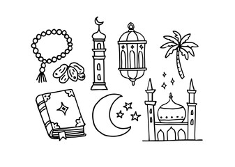 Hand Drawn Islamic Ramadan Doodle Icons Set with Mosque, Crescent Moon, Lantern, Quran, Prayer Beads and Palm Tree. Black Outline Religious Vector Illustration Isolated on White Background. Date fruit