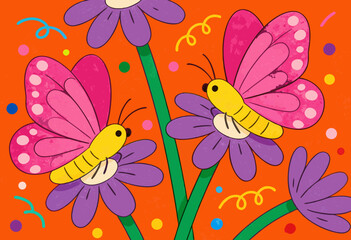 Fototapeta premium vibrant floral illustration with butterflies on colorful orange background for spring theme