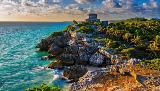 Tulum Ruins Overlooking the Caribbean Sea at Sunset.