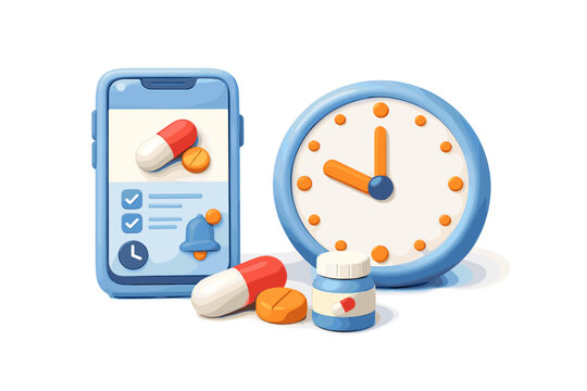 Digital health reminder app on phone with clock and medication for timely treatment