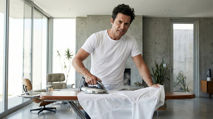 Man ironing white shirt at home in modern bedroom  