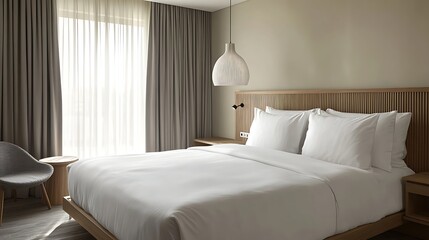 Fototapeta premium Serene scandinavian inspired hotel bedroom featuring a large neatly made white bed with plush pillows complemented by natural wood headboard and textured pendant light bathed