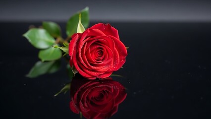 Fototapeta premium Single red rose on glossy black surface with reflection green leaves romantic ambiance elegant floral arrangement