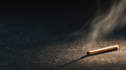 Single burnt matchstick lying on dark surface, soft dramatic light, minimal composition, strong metaphor of emotional burnout and exhaustion, clean