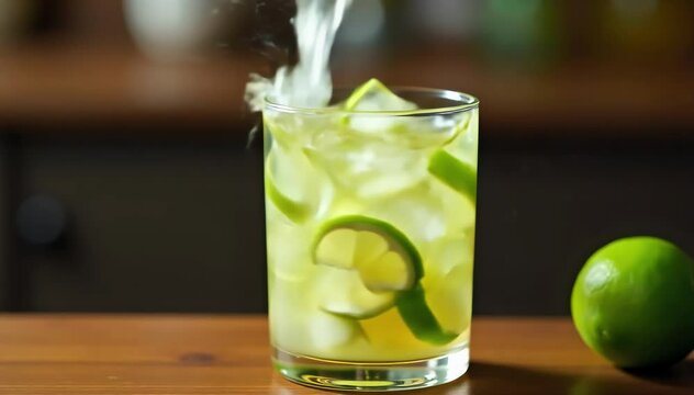 Close up of vodka  apple schnapps  and lime mixing in shaker 