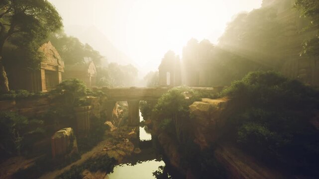 sunrise over ancient forest valley, golden rays filtering through mist, mosscovered stone bridge spanning narrow river, crumbling temple ruins tucked