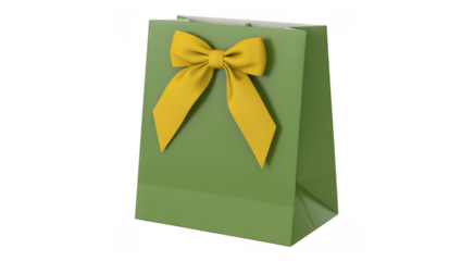 Green gift bag with yellow bow shopping isolated on a transparent background