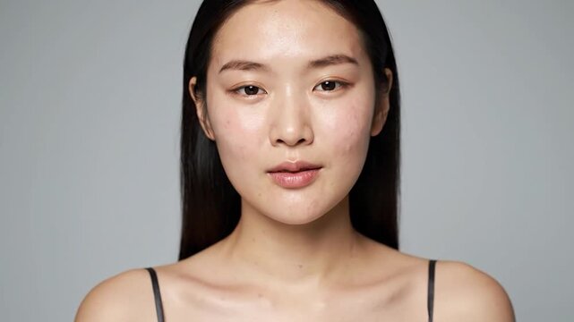 A woman with dark hair and clear skin looks directly forward