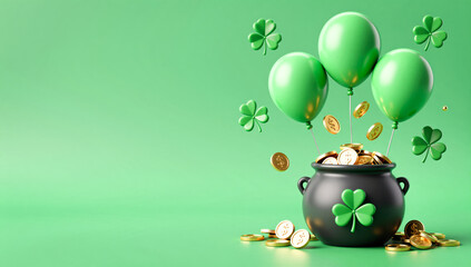 Saint Patricks Day green balloons with gold pot of coins and clover lucky celebration background copy space march festive holiday greeting card irish shamrock