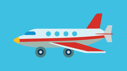 Simple illustration of a white and red passenger airplane with four blue circular windows against a bright blue background sky.