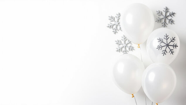 White balloons with snowflakes winter holiday celebration background christmas new year party decoration copy space minimalist festive invitation template greeting card