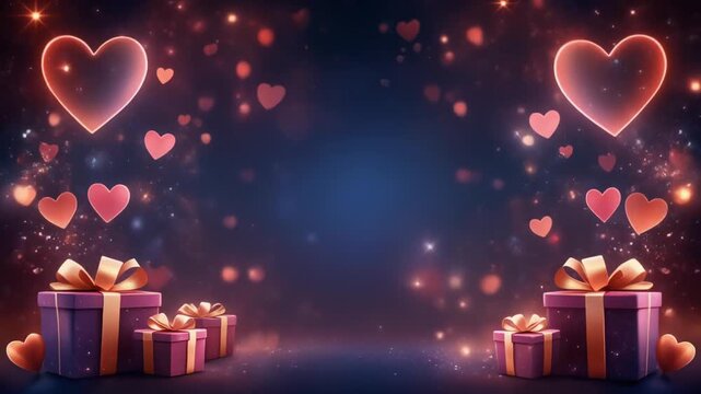 Romantic animated background with glowing hearts, sparkling bokeh, and gift boxes