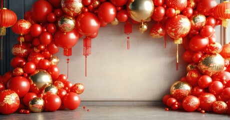 Festive balloon archway, red lanterns, celebration decor. Warm lighting creates inviting atmosphere for special occasion.