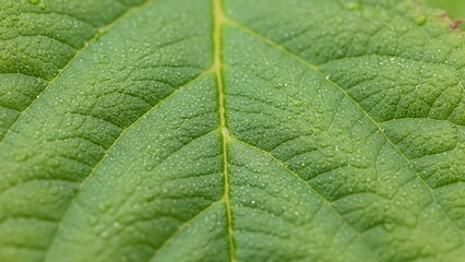 Fototapeta premium Macro shot of a vibrant green rose leaf with textured veins and a bright yellow midrib on a blurred background