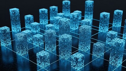 A futuristic cityscape rendered in a vibrant blue digital landscape with towering skyscrapers and grid lines