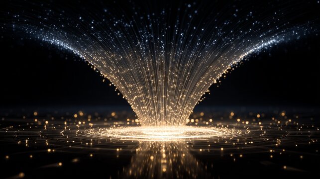 Futuristic light funnel illustrating data integration, streams of glowing data points converging into a central hub, representing aggregation, transformation, and unified analytics.