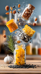 Plant-based functional nutrition scene with fiber-rich foods, clean kitchen environment, realistic lifestyle photography