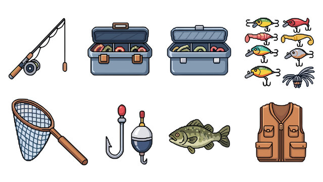 Collection of fishing gear and equipment icons for angling hobby
