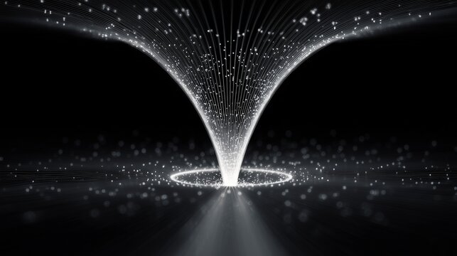 Monochrome visualization of a data flow funnel, particles converging into a funnel and streaming through a circular aperture, representing data aggregation and processing.
