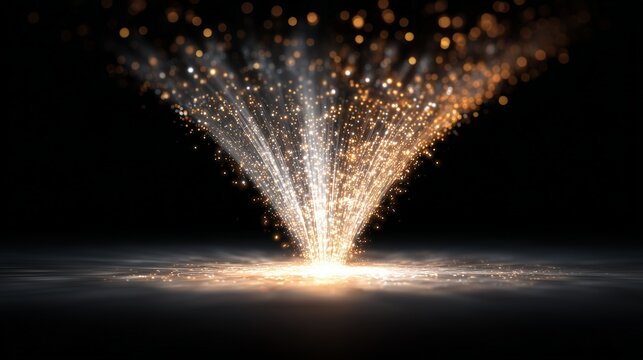 Glowing particle stream forming an etl funnel over a surface, symbolizing data extraction, transformation and loading flow.