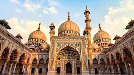 Obraz premium Ornate mosque facade with domes & minarets under a bright sky, intricate patterns