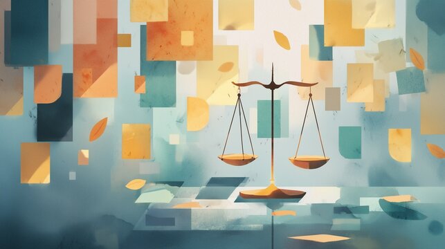 A balanced scale suspended amid floating geometric panel, symbolizing decision fatigue and business burnout weighing choice, stress and resource under persistent cognitive load.