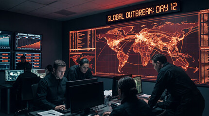 Global outbreak control center with analysts monitoring world map and data displays, tense team coordinating pandemic response
