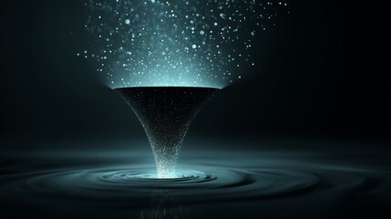 Funnel of glowing particle data flowing into a focused beam above a pool, symbolizing conversion of prospects into qualified lead.