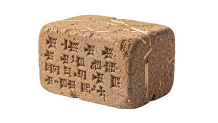 Brick with inscriptions from ancient Mesopotamia displaying cuneiform script, isolated on transparent background	