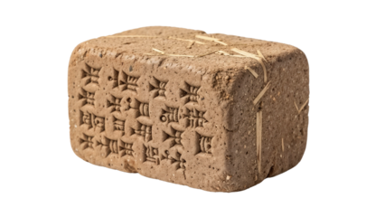 Brick with inscriptions from ancient Mesopotamia displaying cuneiform script, isolated on transparent background	