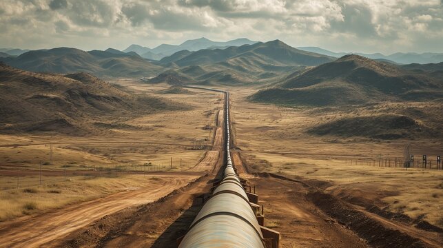 Long aboveground pipeline crossing remote borderland, symbolizing energy transport, geopolitics and infrastructure connectivity.