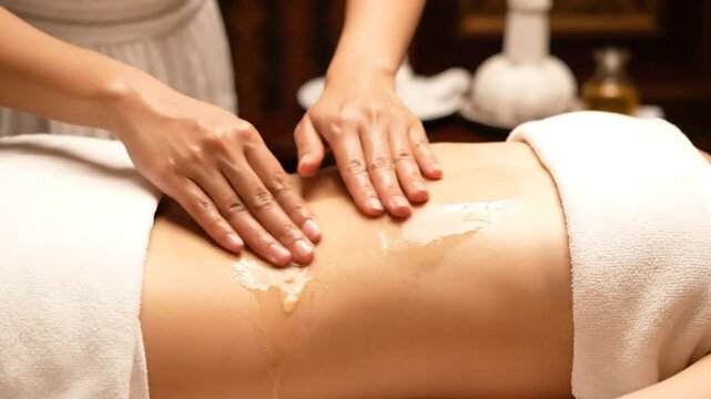 Hands gently massaging oiled abdomen with white towels