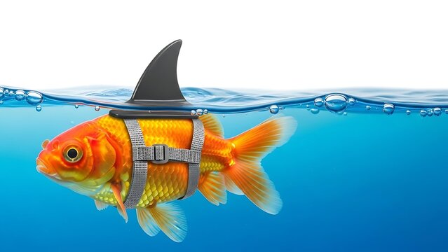 Goldfish wearing shark fin and harness swimming in blue water showing bravery