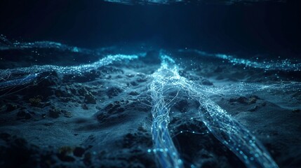 Underwater scene showing critical data cable lying on seabed with glowing connector and signal stream, symbolizing network infrastructure and data flow.