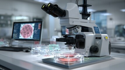 Laboratory microscope with petri dish and digital molecular overlay representing precision medicine and targeted therapy using genomic and cellular data.