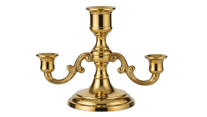 Luxurious golden candelabra, isolated on transparent background, with multiple candle holders and ornate details, presented frontally.