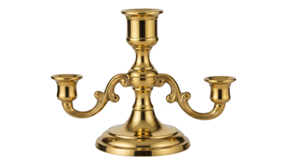 Luxurious golden candelabra, isolated on transparent background, with multiple candle holders and ornate details, presented frontally.