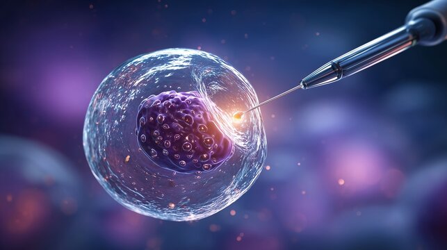 Microscopic blastocyst undergoing cryopreservation procedure with pipette, symbolizes embryo preservation and fertility treatment.