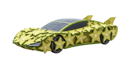 A futuristic green car with solar panels and star-shaped design elements