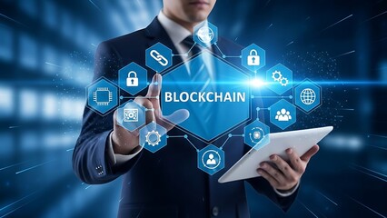 Businessman interacting with blockchain technology on a digital tablet in a futuristic office setting with glowing blue icons and lock symbols