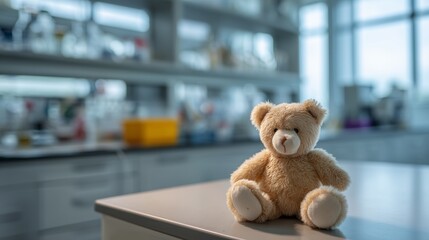 Teddy bear on clinic counter symbolizing ivf procedure, fertility clinic environment, hope and embryo transfer concept.