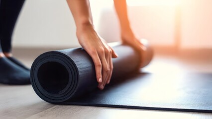 Woman rolls a black yoga mat with her hand preparing for exercise and wellness practice in a serene indoor setting.